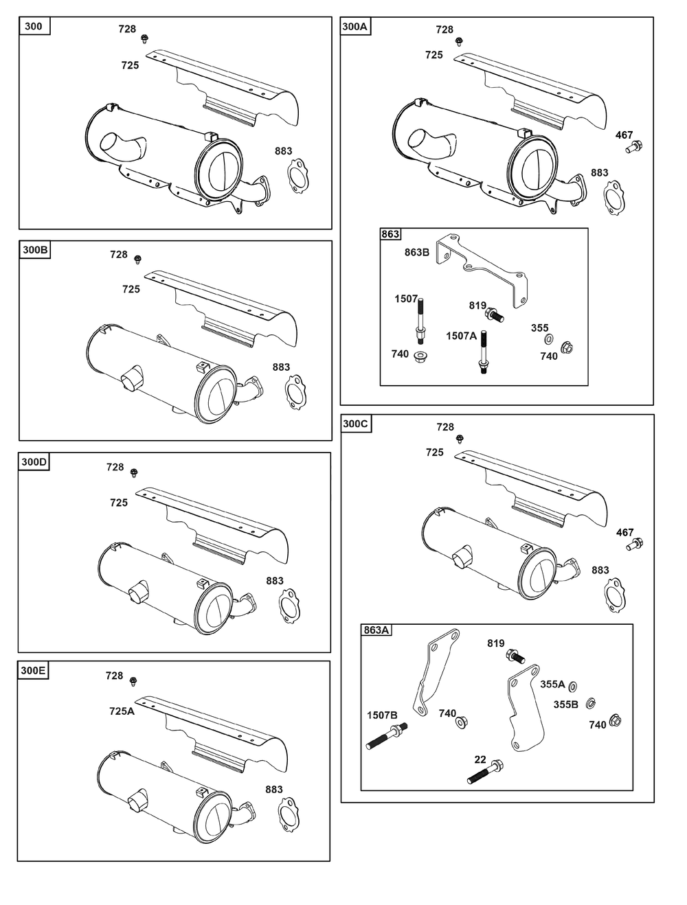 Center Outlet Mufflers Diagram and Parts List for 541477-2242-J1(54-61) 400000 - 699999 Briggs and Stratton Engine